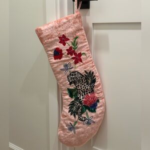 Anthropologie Christmas Stocking - Pink Velvet - Beaded - Leopard